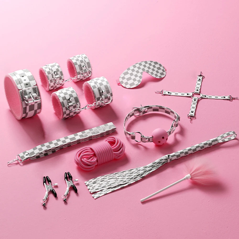 Jouets sexuels pour femmes, 10 pièces/ensemble, menottes de Bondage sexuel, fouet, jouets sexuels pour Couple adulte, ensemble d'outils érotiques pour adultes, Kits BDSM en cuir