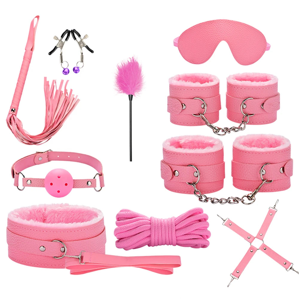 Jouets sexuels pour femmes, 10 pièces/ensemble, menottes de Bondage sexuel, fouet, jouets sexuels pour Couple adulte, ensemble d'outils érotiques pour adultes, Kits BDSM en cuir
