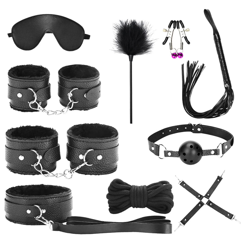 Jouets sexuels pour femmes, 10 pièces/ensemble, menottes de Bondage sexuel, fouet, jouets sexuels pour Couple adulte, ensemble d'outils érotiques pour adultes, Kits BDSM en cuir