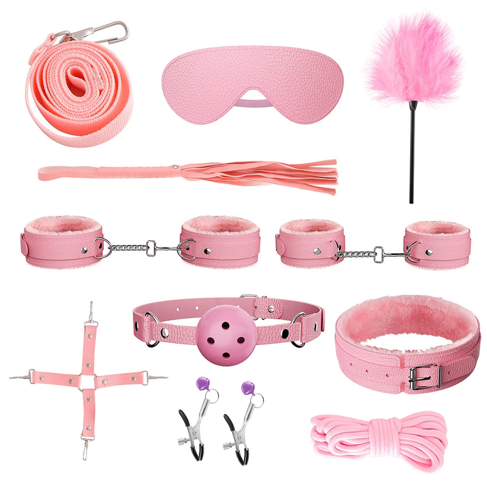 Jouets sexuels pour femmes, 10 pièces/ensemble, menottes de Bondage sexuel, fouet, jouets sexuels pour Couple adulte, ensemble d'outils érotiques pour adultes, Kits BDSM en cuir