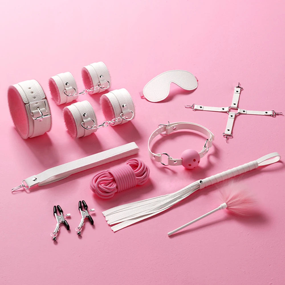 Jouets sexuels pour femmes, 10 pièces/ensemble, menottes de Bondage sexuel, fouet, jouets sexuels pour Couple adulte, ensemble d'outils érotiques pour adultes, Kits BDSM en cuir